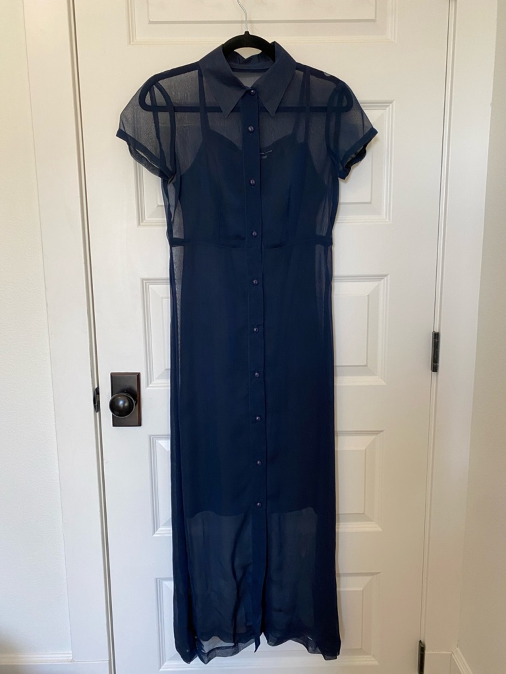 Sheer Navy Button-Front Maxi Dress